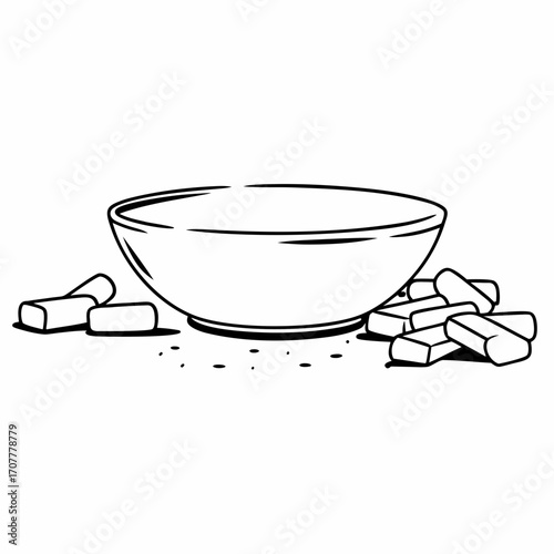 Bowl with chalk pieces scattered around on white background white bowl