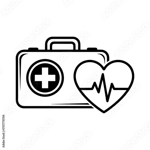 Medical emergency services icon with first aid kit and heart EKG pulse for cardiology healthcare