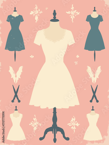 Retro sewing pattern — dress form silhouettes and scissors arranged in repeating motif, dusty rose backdrop