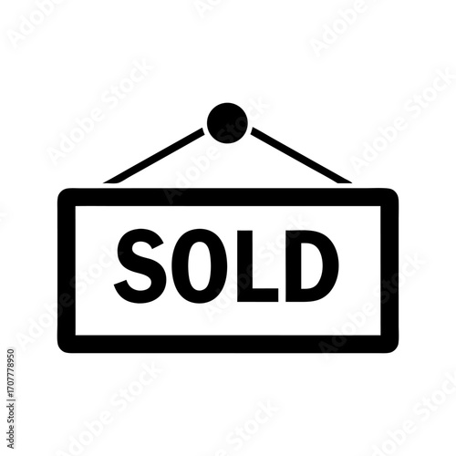 Simple black and white vector icon of a hanging sold sign for business and retail concepts. 42