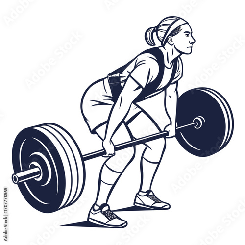 Female weightlifter performing a deadlift with a barbell on a white background Keywords: woman, barbell, deadlift, weightlifting, exercise, fitness, strength, training, athlete, sport, athletic