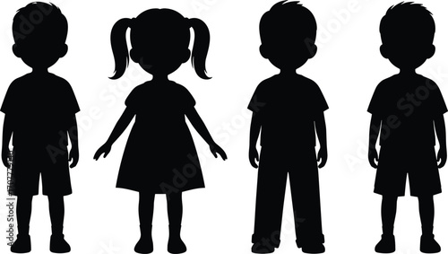Children, silhouette, boy, girl, standing, outfit, dress, shorts, pants, t-shirt, posture, black, white, casual, figure, gender, diversity, clothing, icon, illustration