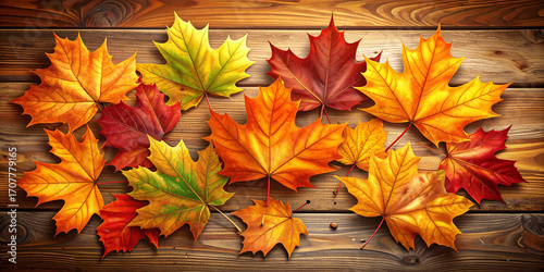 Vibrant collection of colorful autumn maple leaves scattered on a rustic wooden plank background, seasonal fall nature concept