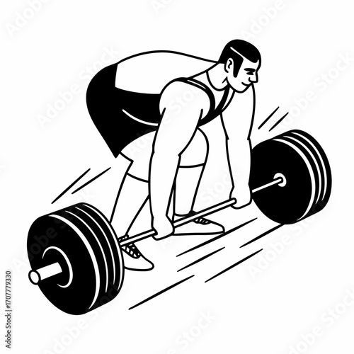 Man performing a barbell deadlift with motion lines on a white background Keywords: man, deadlift, barbell, weightlifting, exercise, fitness, strength, training, athlete, sport, athletic