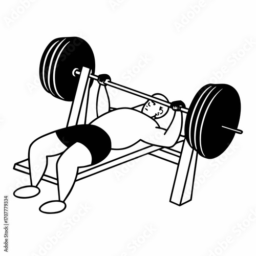 Man performing a bench press exercise with a barbell on a weight bench Keywords: man, bench press, barbell, weightlifting, exercise, fitness, strength, training, athlete, sport, athletic