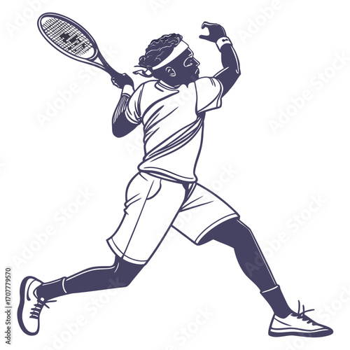 Silhouette illustration of a male tennis player serving with a racket in a dynamic pose male athlete