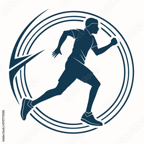 Silhouette of a runner within a circular graphic design on a white background running athlete