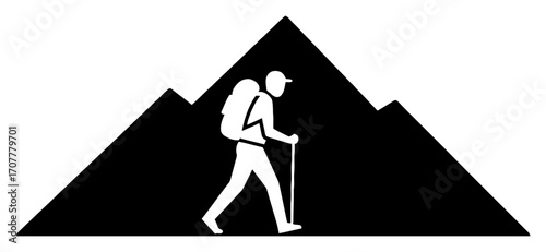 Simple Mountain Hiker with Backpack and Pole on Hill Black and White Outline Line Art Drawing Logo