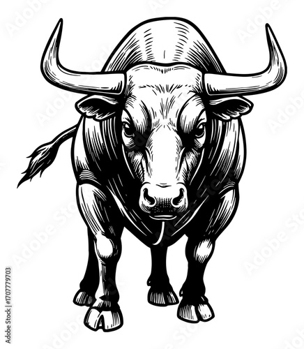 Intimidating Powerful Bull Front View Black and White Outline Line Art Drawing Illustration