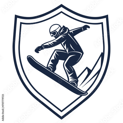 Snowboarder performing trick inside a shield emblem with mountains snowboarding winter sport