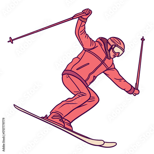 Stylized illustration of a skier in a red suit on skis with poles skiing winter sport
