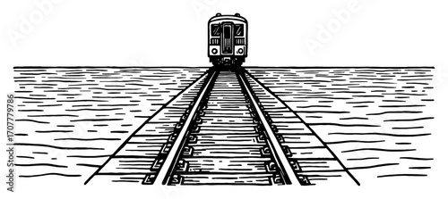 Rail Road Only on Sea Surface with Train Front View Black and White Outline Line Art Drawing