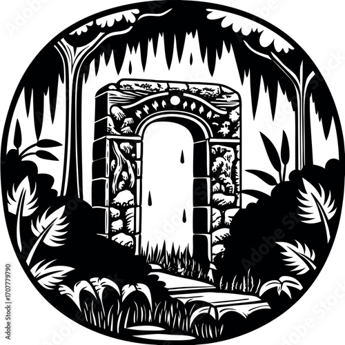 Ancient stone archway surrounded by lush foliage and trees stone structure nature