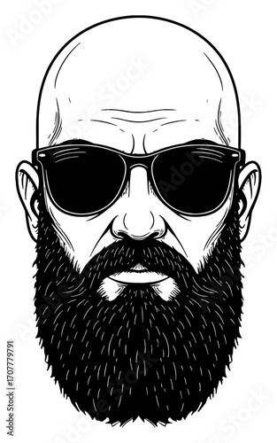 Serious Intimidating Bald Man with Beard Wearing Sunglasses Black and White Outline Line Art Drawing
