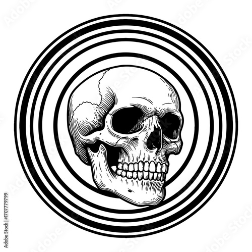 Detailed Skull with Circular Loop Background Artwork Black and White Outline Line Art Drawing Illustration