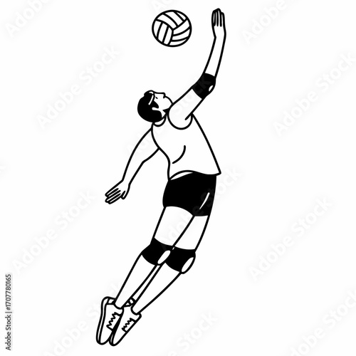 Volleyball player jumping to spike a ball over the net in a line art style sport athlete