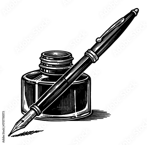 Vintage Fountain Pen with Inkwell Black and White Outline Line Art Drawing Classic Writing Tool Object