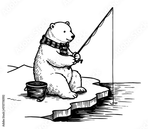 A cute polar bear is fishing beside ice lake sitting on ice with scarf in Black and White Outline Line Art Drawing