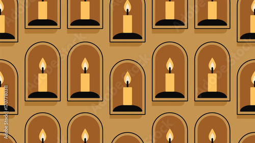 A seamless pattern featuring lit candles in arched and rectangular niches on a brown background wall