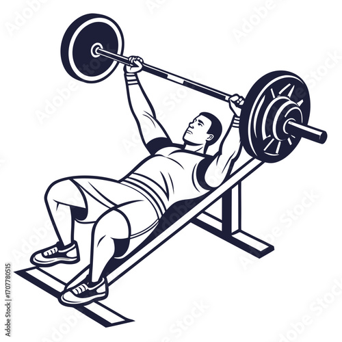 Athletic man performing bench press with barbell on weight bench in monochrome style on white background Keywords: weightlifting, bench press, strength training, fitness, exercise, sport, gym