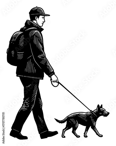Man Walking with a Dog Wearing Backpack Side View Black and White Outline Line Art Drawing
