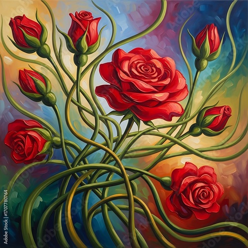 A vibrant display of rich red roses, with intertwined stems, in a dynamic abstract floral composition.