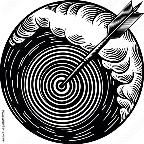 Black and white concentric circles with an arrow piercing the bullseye and stylized clouds