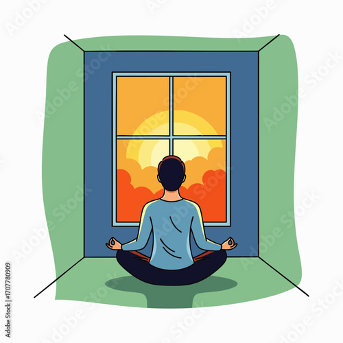 Embracing a tranquil morning, an individual practices mindful meditation, welcoming the serene sunrise and fostering inner peace, self-care, and mental well-being.