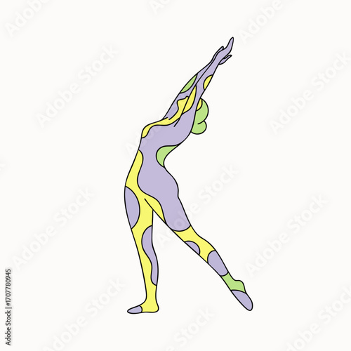 A vibrant, abstract illustration of a stylized human figure gracefully stretching in a dynamic, expressive pose, symbolizing wellness and artistic movement.