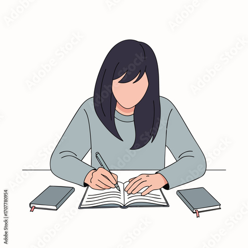 A serene individual engages in a focused morning routine, meticulously writing in a journal, embodying mindfulness and intentional living in her personal space.