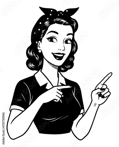 Smiling Retro Pinup Caucasian Woman Pointing Index Finger Black and White Outline Line Art Drawing