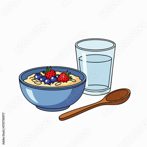 A vibrant illustration depicts a healthy morning breakfast: oatmeal with fresh berries, a glass of water, and a spoon, for a mindful, nutritious start.