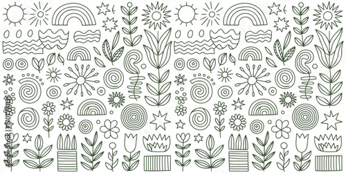 Vector line art seamless pattern, line art icon set, doodle, boho pattern, line art, floral pattern, icon