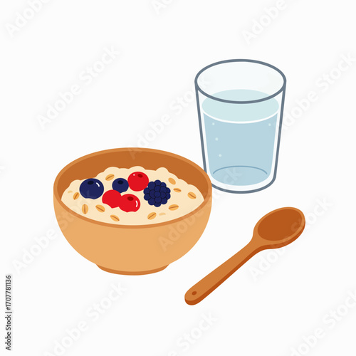 A nourishing bowl of oatmeal with fresh berries and a refreshing glass of water symbolizes a mindful and healthy start to a peaceful morning routine.