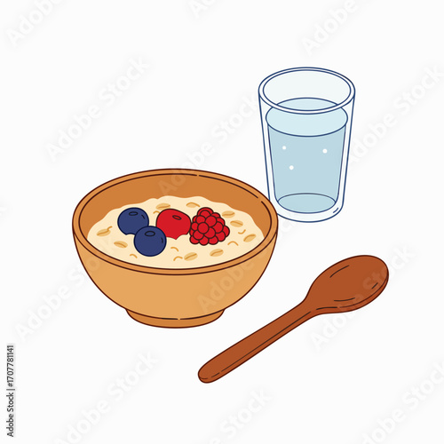 This illustration features a wholesome bowl of berry-topped oatmeal, refreshing water, and a spoon, representing a mindful morning routine and healthy start.