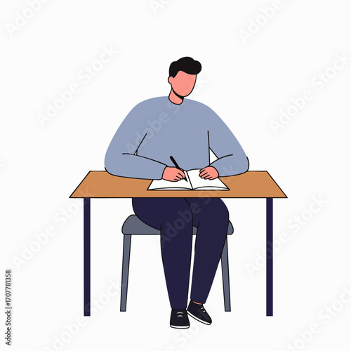 A focused individual diligently writes at a minimalist desk, embodying self-care and intentional living as part of a peaceful morning routine.