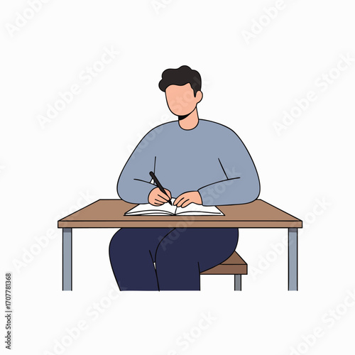 A focused individual sits at a wooden desk, diligently writing in an open notebook, symbolizing learning, study, or dedicated work.