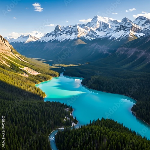 Turquoise lake nestled within a valley framed by snow-capped mountains and dense forests.