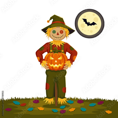 Spooky scarecrow holding glowing jack-o'-lantern under full moon with bat for Halloween night scene
