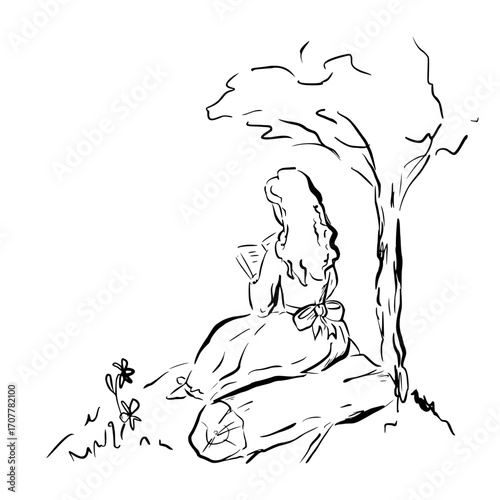 Young woman in vintage dress reading book under tree in nature. Vector whimsical quickly sketch line art illustration. Perfect for book romance themes, journaling, literature projects, posters, decor.