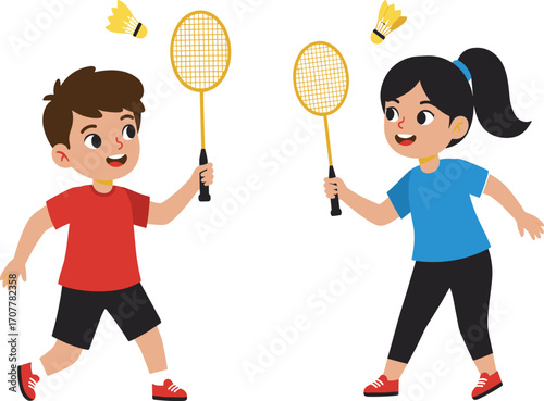 Cartoon children playing badminton outdoors, fun sports activity with rackets and shuttlecock, energetic kids vector illustration for physical fitness content