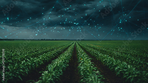 Agricultural field at night with digital network overlay in the sky