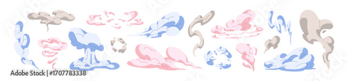 Set of clouds with different shapes and pastel colors. Smoke with abstract silhouettes. Trace of fume, smog, vapor, vapour flying in the air. Flat isolated vector illustrations on white background