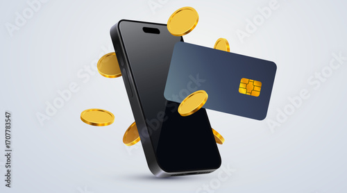Realistic smartphone with plastic credit card and golden coins. Online payments concept. Vector illustration