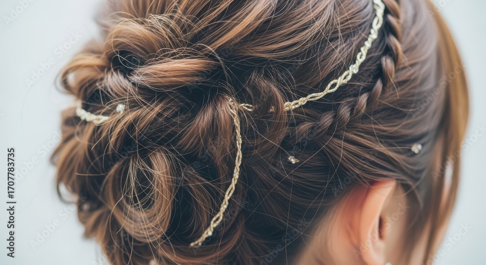 Naklejka premium Closeup of a womans elegant braided updo hairstyle adorned with delicate golden threads and small pearls for a special occasion