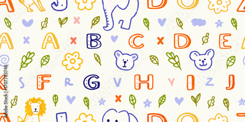 Cute hand drawn alphabet letters and playful animals pattern for children s educational design