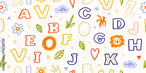 Whimsical hand drawn alphabet letters and cute elements seamless pattern for kids