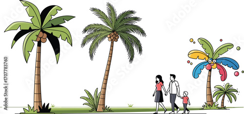 Cartoon coconut palm trees with tropical family walk scene, colorful beach tree illustration, perfect for summer, vacation, kids, or nature design.