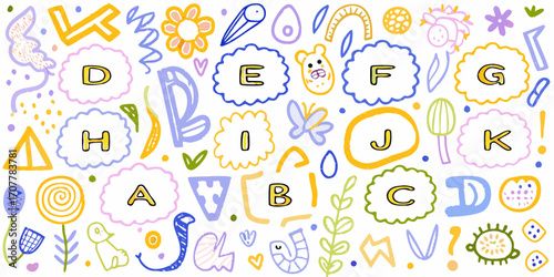 Whimsical alphabet letters a to k scattered amongst playful doodle illustrations and shapes