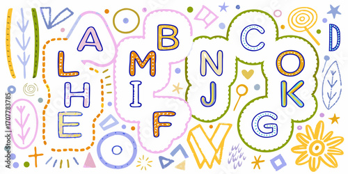 Whimsical alphabet letters and fun shapes in a playful hand drawn style